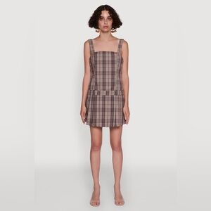 Plaid Square Neck Sleeveless Pleated Hem Dress - Brown